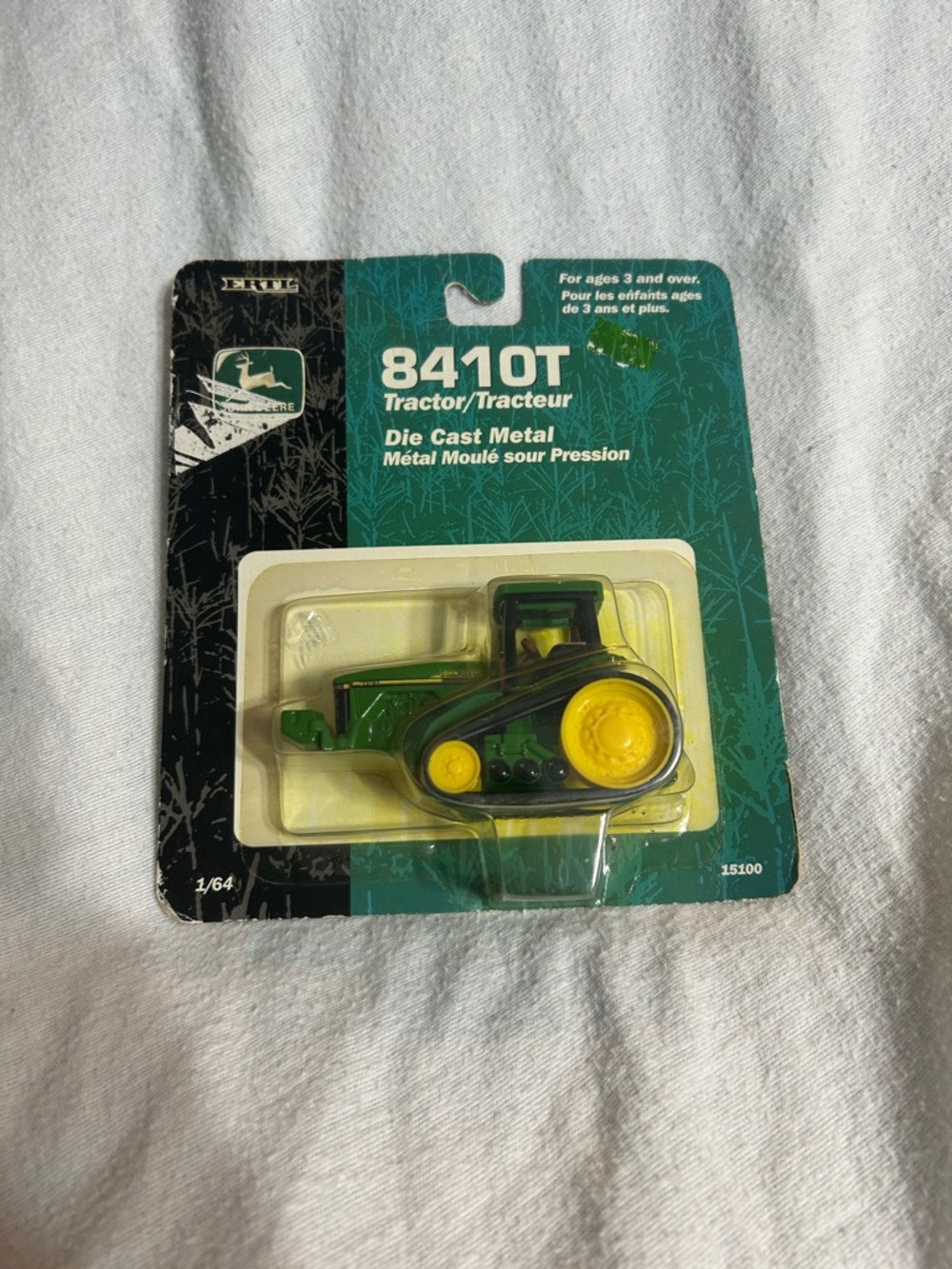 John Deere Green and Yellow 8410T Die-Cast Tractor on Card